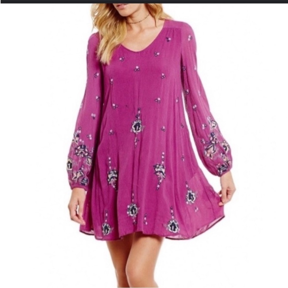 Free People Oxford Embroidered Mini Dress Floral Magenta - Picture 1 of 8